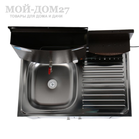 Умывальник ДУЭТ с подогревом (Медь) нерж. мойка | Мой-Дом27 | Объем бака – 17 литров с нагревателем мощностью 1,25 кВт Время нагрева до 60 градусов – 30 минут<br>
 <b>Возможна установка бака и мойки с левой или с правой стороны умывальника<br>
 </b>Материал умывальника – сталь толщиной 0,7 мм<br>
 Мойка – нержавеющая сталь<br>
 Кран – металлический<br>
Поставляется в разобранном виде, в коробке 84*53*20 см с ручками